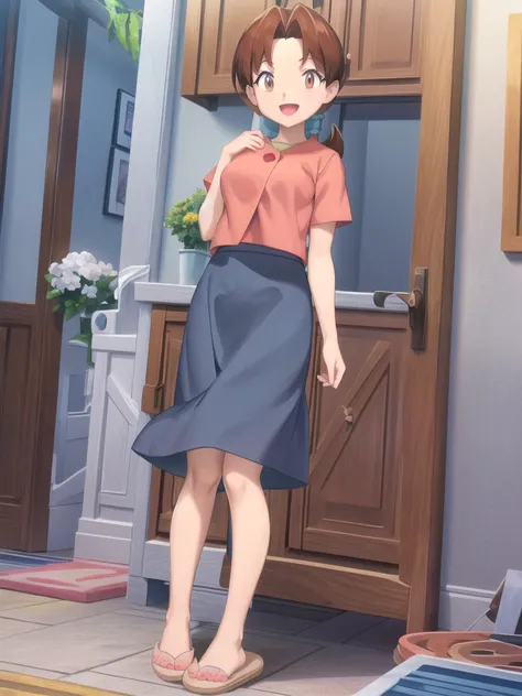 Delia_Ketchum 1girl, full body, looking at viewer, :d, open mouth, (extremely detailed CG unity 8k wallpaper), (masterpiece), (best quality), (ultra-detailed), (best illustration), (best shadow), (absurdres), finely detail, skirt, shirt, blue skirt, long s...