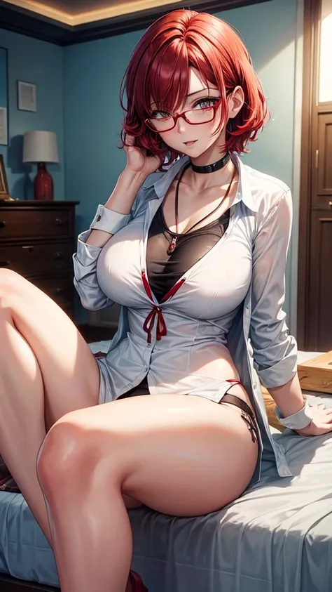 woman with short red hair, white eyes, glasses, tall body, big breasts, wearing a school, in the bedroom