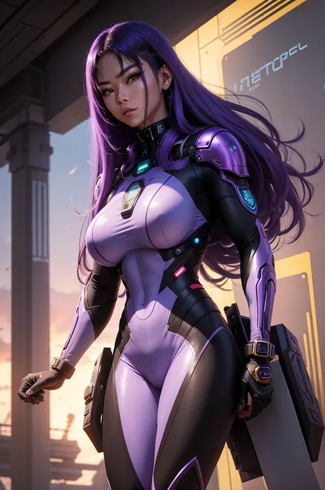 A beautiful, exuberant and very young cybernetic android warrior with black African and oriental Japanese and Chinese features, mixed with the clone of the Greek warrior goddess Athena, with super giant breasts, purple eyes, transformed into a super sensua...