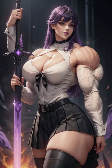 ((Massive tall, beautiful, buff, pale white skinned muscular woman with violet purple  hair, black lipstick, ginormous bulky muscles, carrying a fire sword and wearing a violet long sleeve pleated shirt with beautiful long pleated skirt)), ((close view)), ...