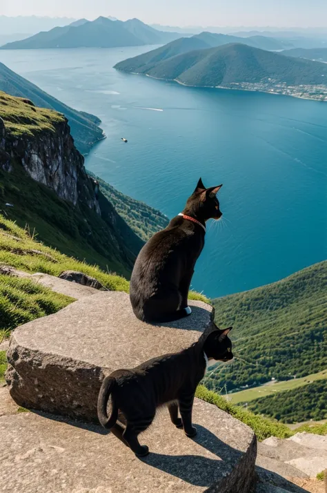 A cat stands with its back on a mountain. Down the mountain there is sea water.