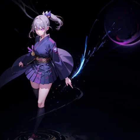 One girl, kimono, ponytail ,Gray Hair, Purple eyes, magic circle, Blue Fire, Blue Flame, wallpaper, landscape, Blood, Blood splatter, Depth of written boundary, night, Particles of light, light, Side light, Thighs, destiny (series), Genshin Impact, ****, O...