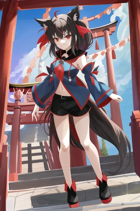 Hololive、Fubuki Kurokami、fubuki、masterpiece、high quality、最high quality、anime、Detailed eyes、Detailed face、shrine、torii、Black medium hair、Red eyes、Black Shirt、Shorts、Shorts、黒いShorts、Neck ribbon、Wide sleeves、short boots、Grin、Angry、