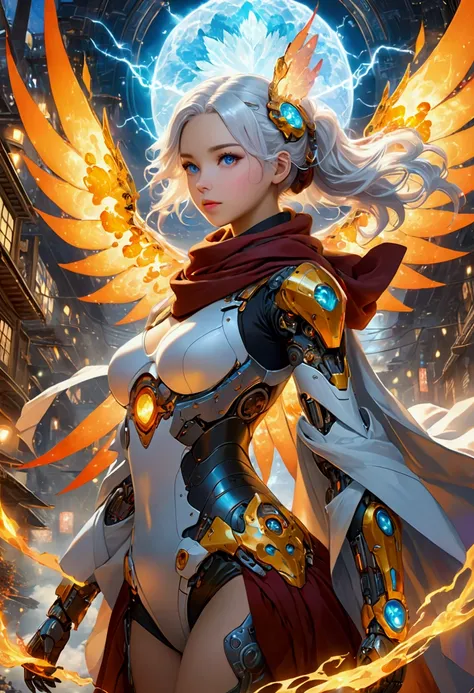 A beautiful girl wearing a cyberpunk-style mecha flying in the sky, Long white hair,Hair accessories, Huge transparent wings, cape, scarf, electricity，flame，ice，gem，cloud, Metal Material，Wood texture, Depth of Field, Blurred background,A fusion of aestheti...