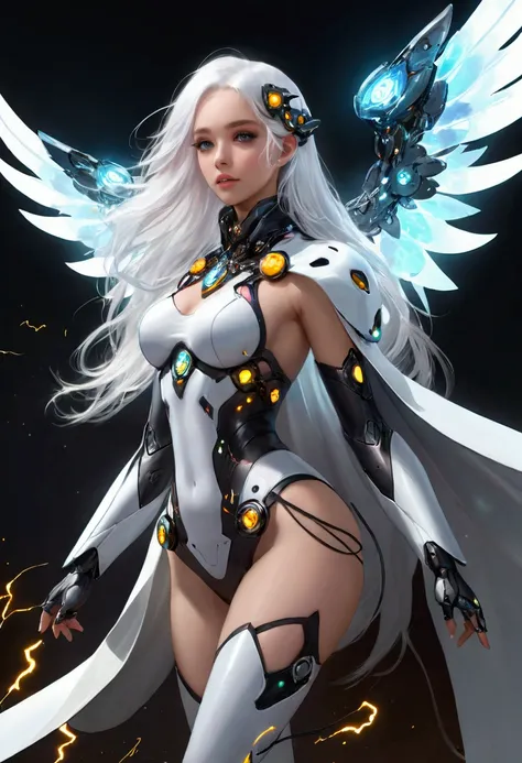 A beautiful girl wearing a cyberpunk-style mecha flying in the sky, Long white hair,Hair accessories, Huge transparent wings, cape, scarf, electricity，flame，ice，gem，cloud, Metal Material，Wood texture, Depth of Field, Blurred background,A fusion of aestheti...