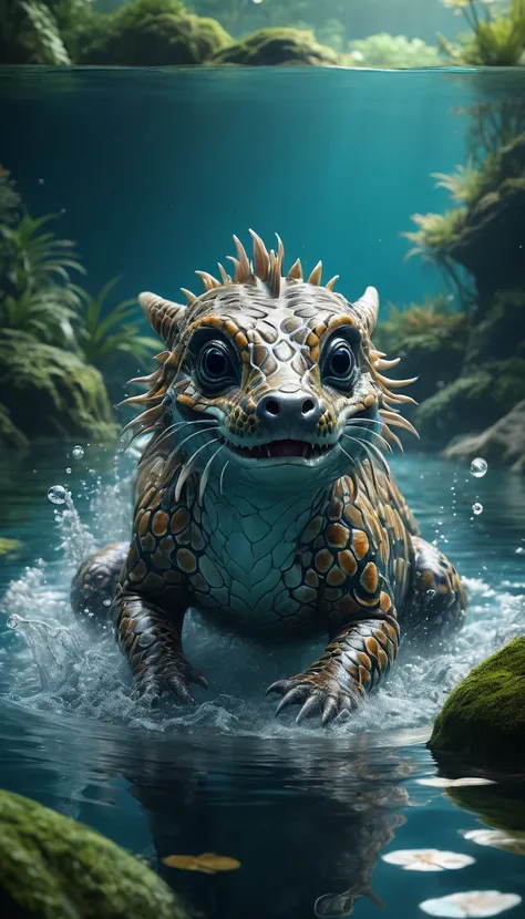 Panorama，A creature in water(best quality，4K，8k，High level，masterpiece：1.2），Ultra Detailed，（lifelike，Photo real，Photo real：1.37），Highly detailed animals，Complex patterns，Realistic lighting，Fantasy Creatures