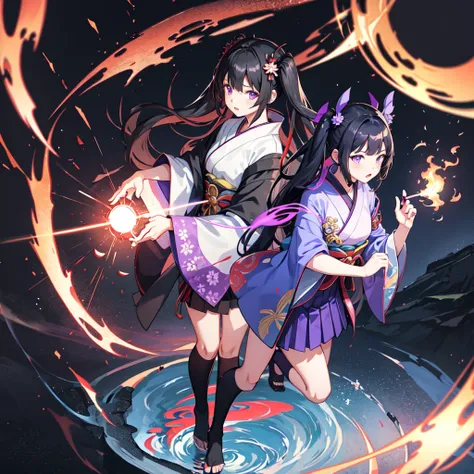 Two Girls, kimono, Twin tails ,Black Hair, Purple eyes, magic circle, Blue Fire, Blue Flame, wallpaper, landscape, Blood, Blood splatter, Depth of written boundary, night, Particles of light, light, Side light, Thighs, destiny (series), Genshin Impact, ***...