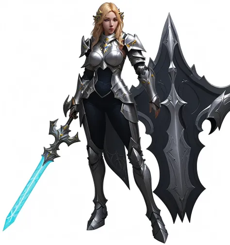 paladin, female, full armor, white armor, sexy, pretty face face, glowing armor, wonderfull, looks like "leona" from "league of legends"