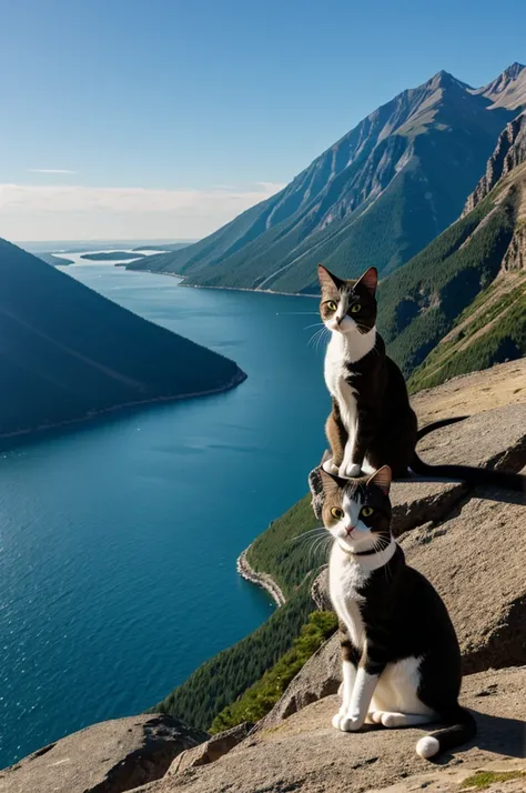 A cartoon cat stands on a mountain. Below the mountain there is a sea.