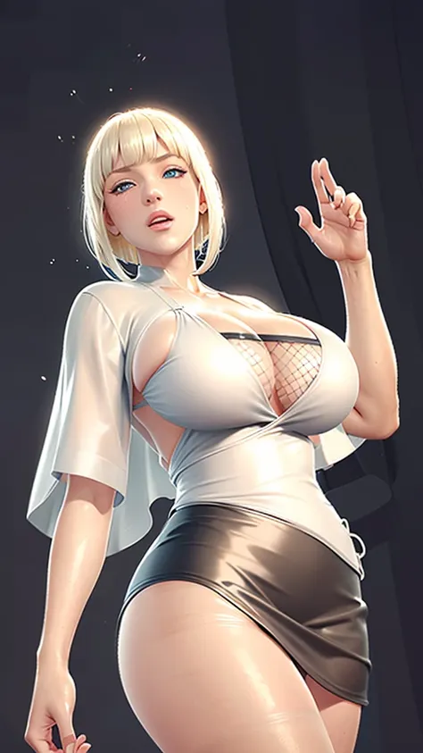 (（（Perfect body,White and tender skin,（（（BLACK KIMONO, CLEAVAGE, VAMBRACES,）））,（（（Samui, Blue eyes, blonde hair, short hair, bangs, blunt bangs,）））,((masterpiece)),high resolution, ((Best quality at best)),masterpiece,quality,Best quality,（（（ Exquisite fac...