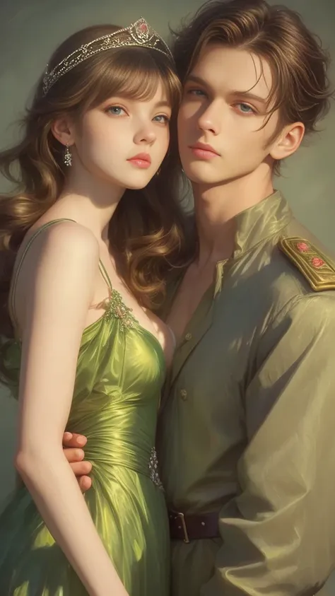 High-quality image of a couple: a blond men (tall, statuesque, handsome, courageous young man with blue eyes, curly golden hair, dressed in a gray antique military uniform) he hugs a woman with a black hair (a fantastically beautiful young femme fatale wit...