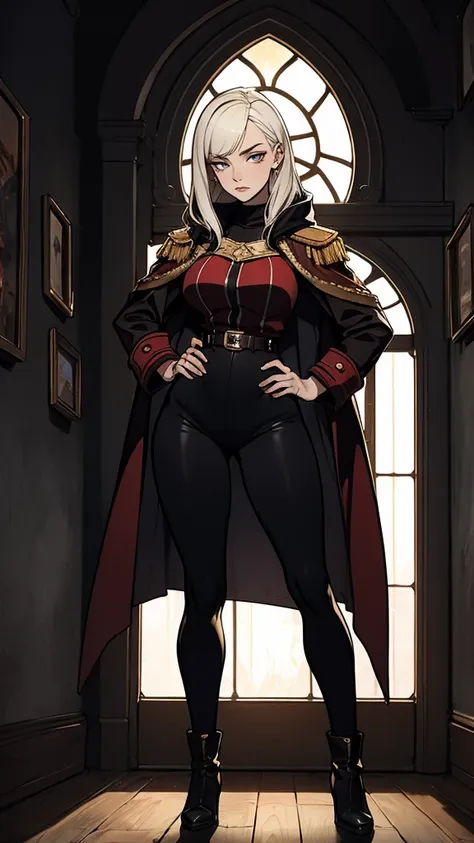 A woman with long platinum blonde hair, choppy bangs, arched crescent eyebrows, sharp and determined eyes, a delicate oval face, a serious expression, a fantasy-style dark green military coat, draped with a dark red cloak, military trousers, leather combat...