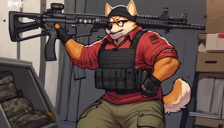 red shiba inu,wearing glasses,and earpiece,a black beanie, red plain pattern long sleeved shirt ,tactical headphones, tactical clothing, badass pose, cargo shorts, PMC clothes, tactical clothing, black fingerless gloves, black boots, detailed background, h...