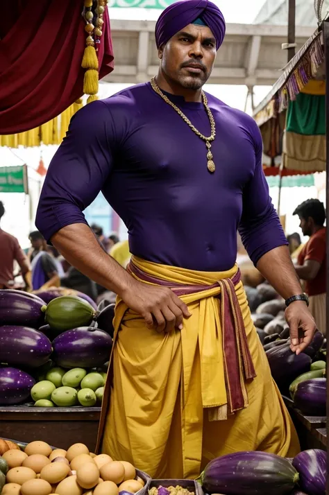 Picture Thanos, the mighty Titan, selling eggplants in a lively Indian market. Hes dressed in vibrant traditional Indian attire-kurta, dhoti, and a turban. His imposing figure stands behind a stall brimming with fresh eggplants, surrounded by the rich scen...