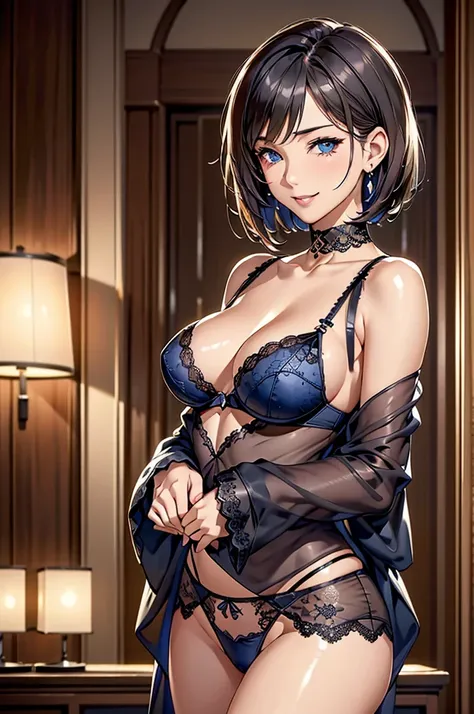 Brown short hair, blue eyes, Tilt your head, Exquisite black lace 3-piece bra, Detailed lace black panties、Pay attention to the panties、An elaborate black lace choker、Shiny blue earrings、smile、kind