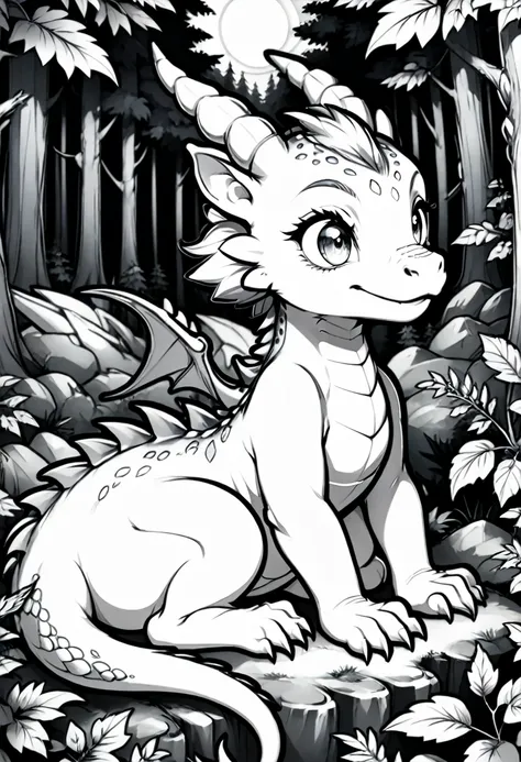 a coloring page of a dragon sitting in the forest, cute little dragon, newborn dragon, dragon in the background, line art colori...