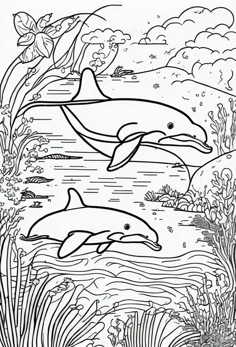 Creating a colouring book for children up to the age of 3 with a dolphin swimming in the ocean.