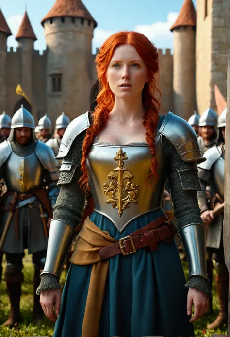 No pissing 3d style, a red-haired  in front of a medieval army 