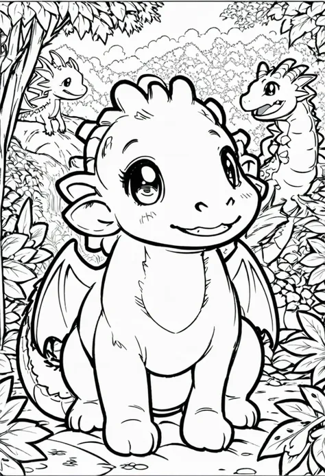 a coloring page of a dragon sitting in the forest, cute little dragon, newborn dragon, dragon in the background, line art colori...