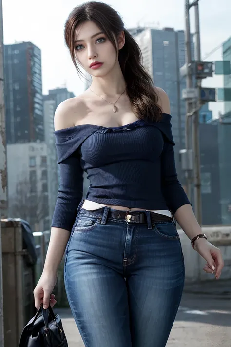 Claire Redfield from Resident Evil, posing seductively to viewer, solo:1, pov, beautiful thighs, front view
Sunny city background, long hair, 3/4 body, v neck off shoulder blouse and long jeans