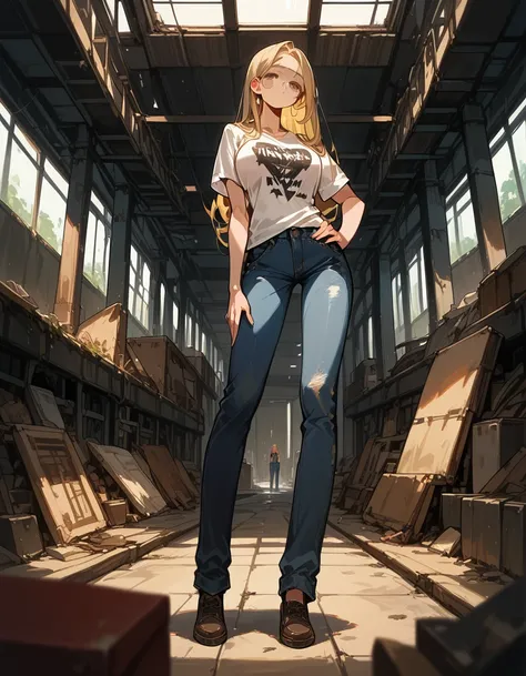 Masterpiece, best quality, Masterpiece, best quality, 1 woman, long blonde hair , t-shirt , Long flare jeans , big breasts , abdomen , Long legs , Put your hands on your hips.. , shoe , full body , abandoned factory , at night