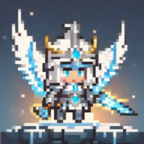 a chibi female character in shining silver and white valkyrie armor from norse mythology, wielding a glowing spear. she has swan...