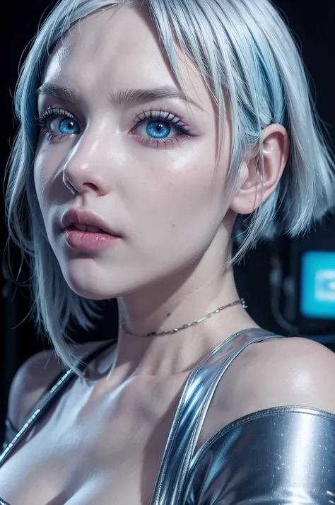 Lucy from cyberpunk anime, realistic, age 25, pure white skin, blue pupils, white bob hair, perfect face, perfect size body, perfect large breasts, white and blue dress, posing to viewer, 8k , ultra realistic.