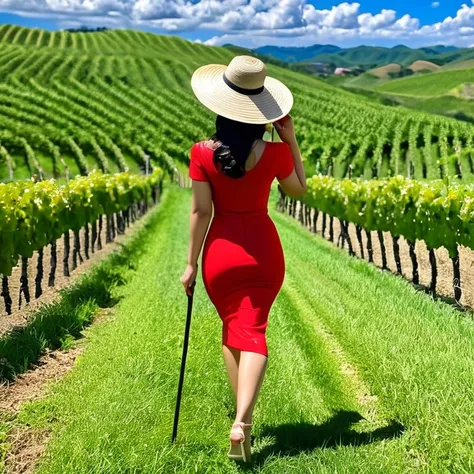 asian woman,  large buttocks,  wide hips,  small waist,  
landscape: lush green vineyard with rolling hills in the background, u...