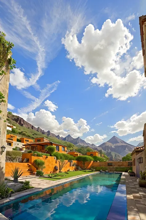 Multiple houses, brutalism style, Luis Barragán, Mountains in background, river, pool, terraces, stairs, garden terraces, trees, beautiful clouds, moon, sun, detailed, cacti, boulders, volcanic rocks, fuggy, Violet, orange, olive green, blue, magenta, amaz...