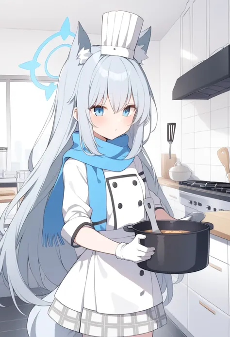 girl，silver long hair, blue eyes, put on chef uniform,wearing a black mask，a sky blue scarf, white gloves, and white plaid skirt...