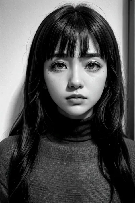 1girl, chichi, serious face,solo, monochrome, greyscale, long hair, portrait, turtleneck, closed mouth, bangs, looking at viewer...