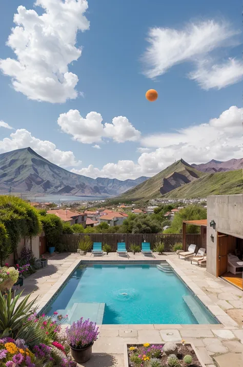 Multiple houses, brutalism style, Luis Barragán, Mountains in background, river, pool, terraces, stairs, garden terraces, trees, beautiful clouds, moon, sun, detailed, cacti, boulders, volcanic rocks, fuggy, Violet, orange, olive green, blue, magenta, amaz...