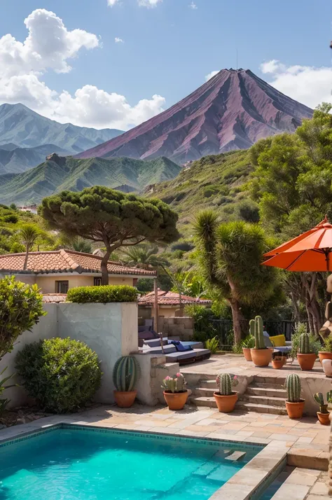 Multiple houses, brutalism style, Luis Barragán, Mountains in background, river, pool, terraces, stairs, garden terraces, trees, beautiful clouds, moon, sun, detailed, cacti, boulders, volcanic rocks, fuggy, Violet, orange, olive green, blue, magenta, amaz...