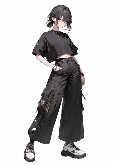 (masterpiece, highest resolution: 1.2, 8k), center, full body, one girl, short hairstyle, dark color street fashion, wide pants,...