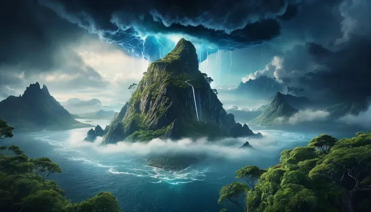 realistic cinematic dramatic view of a mysterious island with a surreal upside down mountain, stormy nebula sky, dramatic cloudy atmosphere, epic lighting, highly detailed, award winning, 8k, photorealistic, intricate details, dramatic colors, volumetric f...