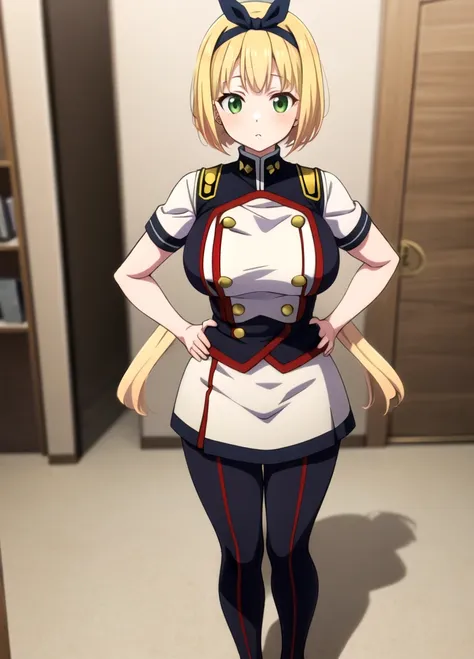 hands at sides, two hands down, hands down, masterpiece, best quality, upper body, uniform, without sleeves,shushu suruga, 1girl...