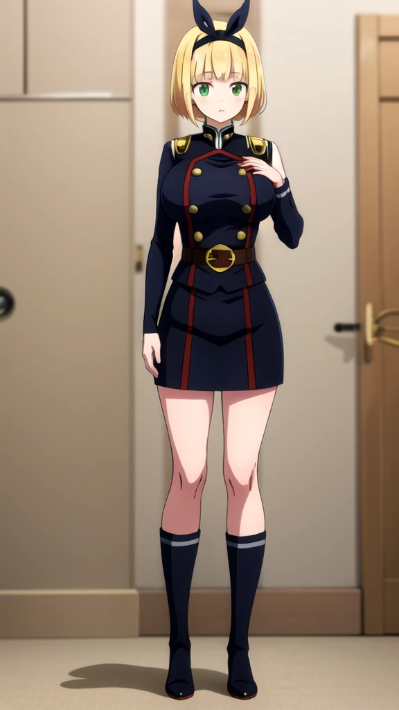 hands at sides, two hands down, hands down, masterpiece, best quality, upper body, uniform, without sleeves,shushu suruga, 1girl...