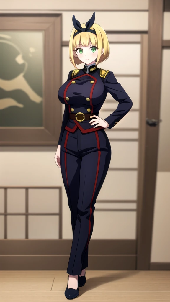 hands at sides, two hands down, hands down, masterpiece, best quality, upper body, uniform, without sleeves,shushu suruga, 1girl...