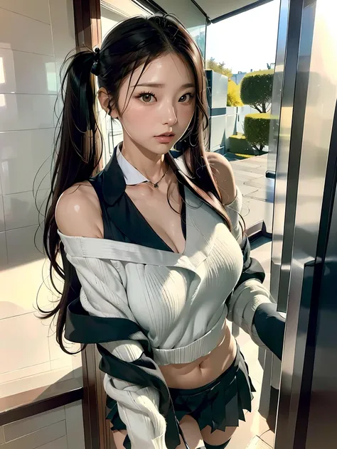 40-year-old Japanese woman、Black Hair、The hair is very short、Twin tails、HatsuneMikuDefaultCostumeLora, cosplay, black skirt, detached sleeves, shirt, sleveeless shirt, black thighhighs, necktie, sleeveless, pleated skirt, bare shoulders, hair ornament, col...