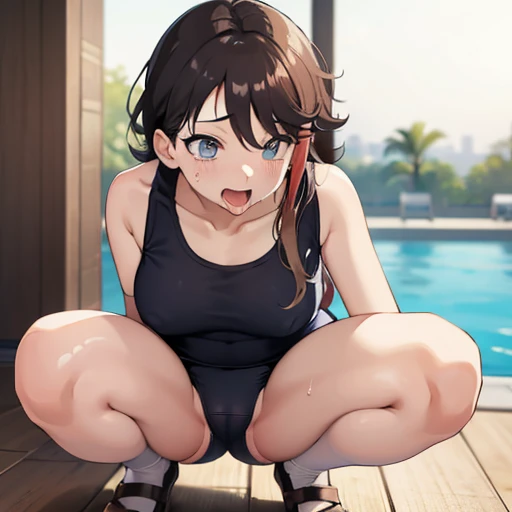 masterpiece、最high quality、High resolution、high quality、wavy mouth、Akina Mieda、akina、Sweat、tears、Tongue out、By the pool、School Swimsuit、Wet、vagina、pussy juice、masturbation、toplesasturbation, dildo、The gaze is looking upwards、blush、Ahegao、ahegao、squatting、ns...