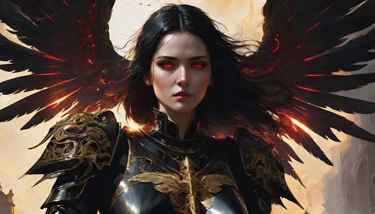 Woman, caucasiana, red eyes, expressive face, overhanging, loose black hair, bust image, black armor with gold detail, flying over, fallen angel with black wings, purgatory background.