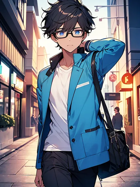 A geeky young man with black hair, a white shirt, a blue jacket, walking through a busy street at night, wearing glasses