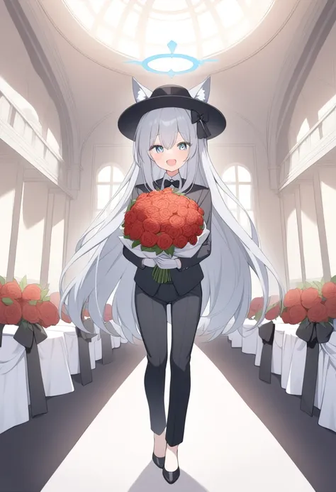 girl，Silver long hair, blue eyes, Wear a black suit,black hat，With a black bow, White gloves, and black trousers, In the wedding hall，blue halo，Gray wolf ears，Happy expression，Holding a bunch of red flowers，Black leather shoes，alone