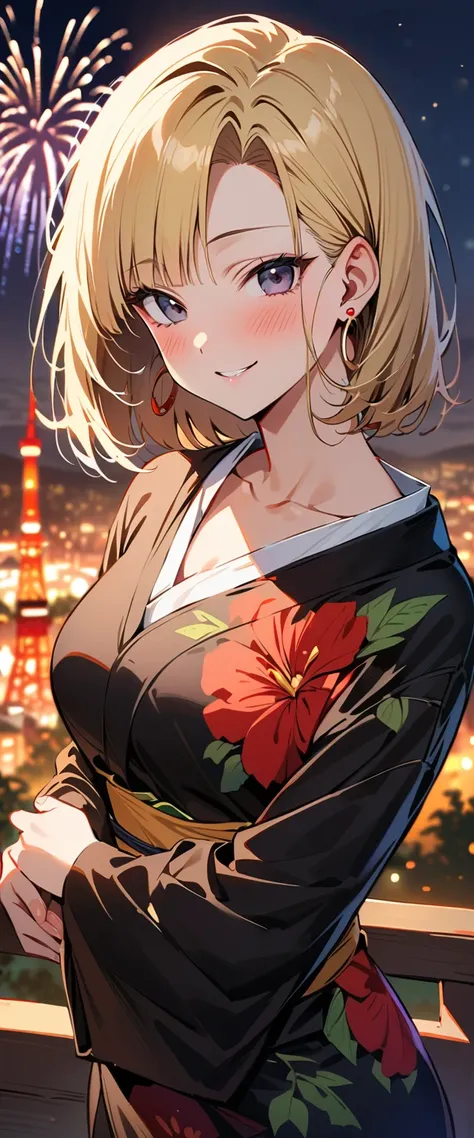 (masterpiece, best quality:1.2),1girl, (solo), Android 18 from Dragon Ball, ((floral print black Kimono)), medium breasts, blunt bangs, blonde short hair, (black eyes), earrings on earlobes, slim, slender feminine figure, skinny body, blush, magnificent vi...