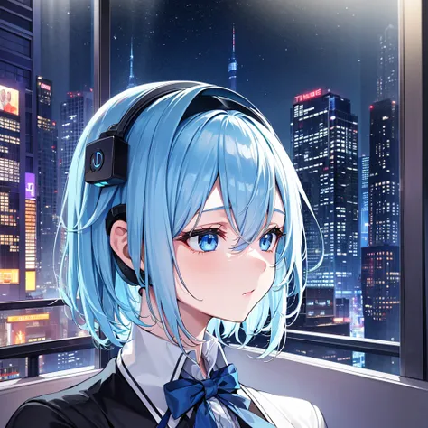 title: "The magical blue light of Shinjuku"

explanation:
This work、This is an image of a blonde girl with short hair in a dark room.。Her eyes shine blue、Dressed like a rapper。There are headphones on my head、She seems to be lost in her own world。

This wor...