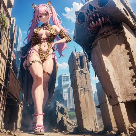 Cavewoman,pink twintails,leopard printed leotard,big bosom,GtsGiga,ancient civilization,fanasty,Rampage,sandals,bone head decoration,smug,barbaric,giantess art,solo,1female ,Looming, towering over everything,looking down at viwer,standing upright,smug pose