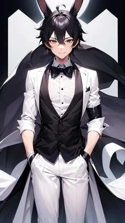 Black rabbit ears,Butler,male,Peeking into this,A white cloth is draped over his left arm.,Are standing,Butlerの格好をしたmale,High resolution, Ultra high definition, High-resolution model, Black Hair, Animal ears, Hairy ears,Bedroom smile, 