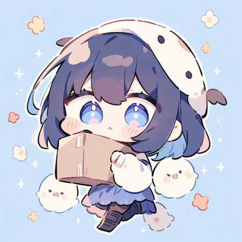 chibi, carrying boxes, cute, Dark blue hair