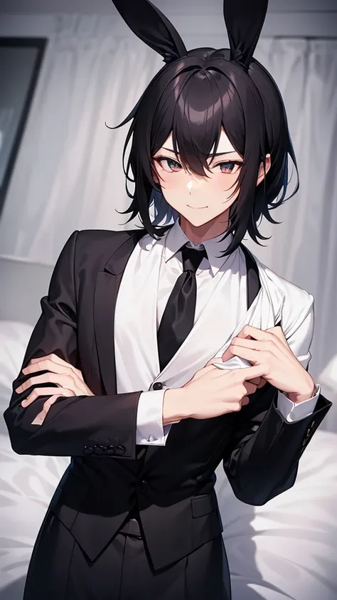 Black rabbit ears,Butler,male,Peeking into this,A white cloth is draped over his left arm.,Are standing,Butlerの格好をしたmale,High resolution, Ultra high definition, High-resolution model, Black Hair, Animal ears, Hairy ears,Bedroom smile, Black clothes