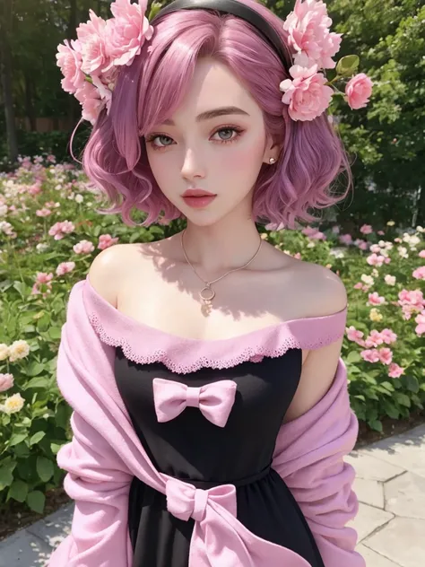 1 girl, influencer, name sophia, teen, edad16, Alone, (((HAIR SHORT))) ultra realistic, looking at the viewer, morado, bare shoulders, with a flower in her hair ((Honey eyes)), whole body, jacket black, sweater, dress, wiki, off the shoulders, park, ultra ...